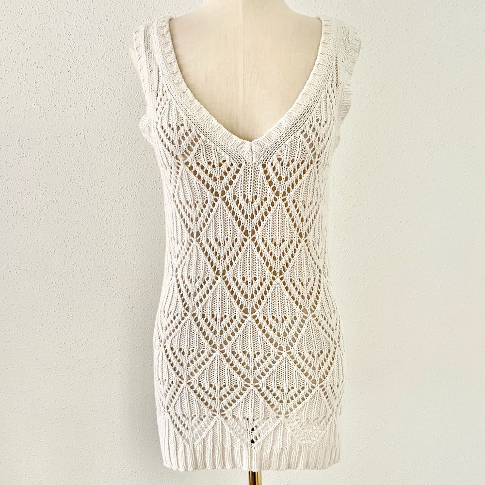 ANN TAYLOR LOFT Women's sz Medium Cream Crochet Knit Sleeveless Tunic Top Beach - Picture 2 of 6